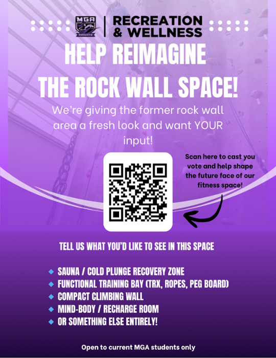 MGA Rec & Wellness is asking for student feedback on how to redesign the Cochran Campus rock wall. 